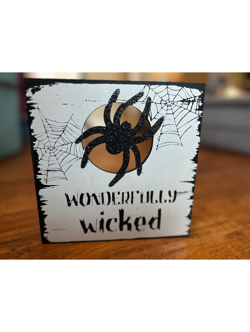 Halloween Wooden Wall Decor with Glitter Spider and 'Wonderfully Wicked' Text